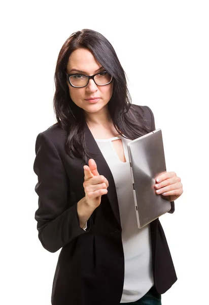 戴着平板电脑的眼镜中的女商人的肖像 — 图库照片