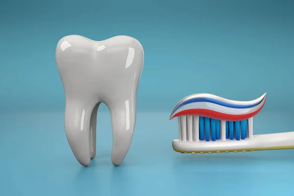 Ein Rendering Einer Zahnbürste Mit Zahnpasta Und Einem Einzigen Zahnmodell Stockbild