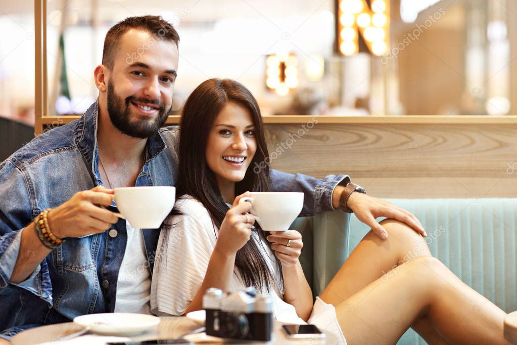 Romantic couple dating in cafe