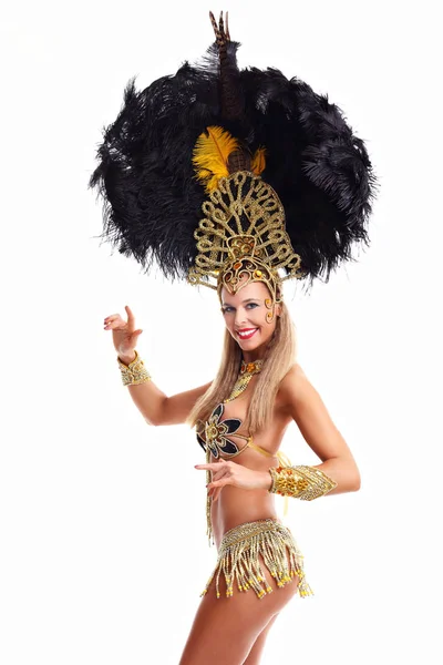 Brazilian woman posing in samba costume over white background — Stock Photo, Image