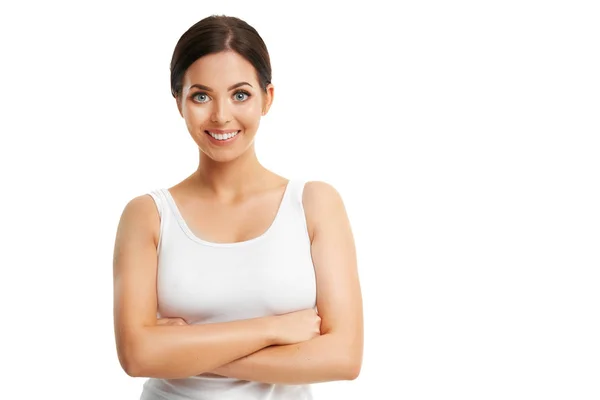 Beautiful woman face close up studio on white — Stock Photo, Image