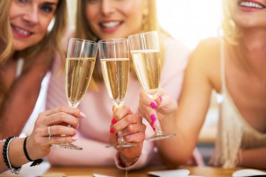 Birlikte kutlayan mutlu arkadaş grubunu sunan resim