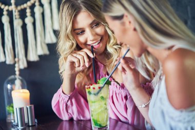 Restoranda öğle yemeği yiyen iki kız arkadaş