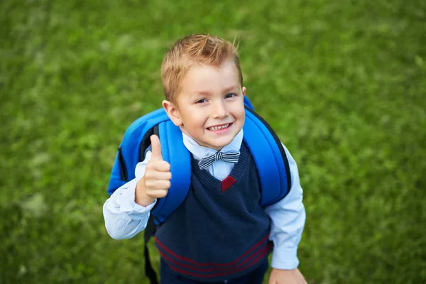 Lycklig liten förskola unge pojke med ryggsäck poserar utomhus — Stockfoto
