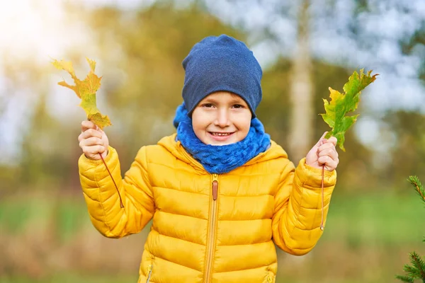 Niño feliz jugando afuera en otoño — Foto de Stock