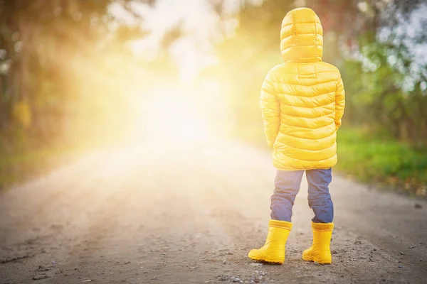 Glad barnpojke leker ute på hösten — Stockfoto