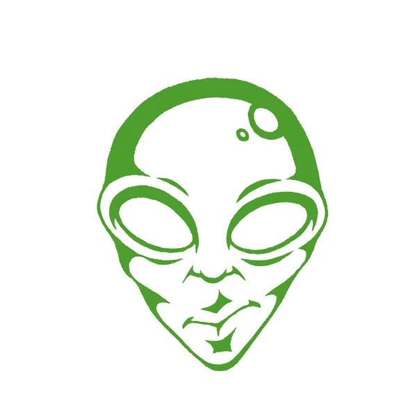 在白色背景下孤立的外星人脸绿色矢量墨素描示意图 — 图库矢量图片