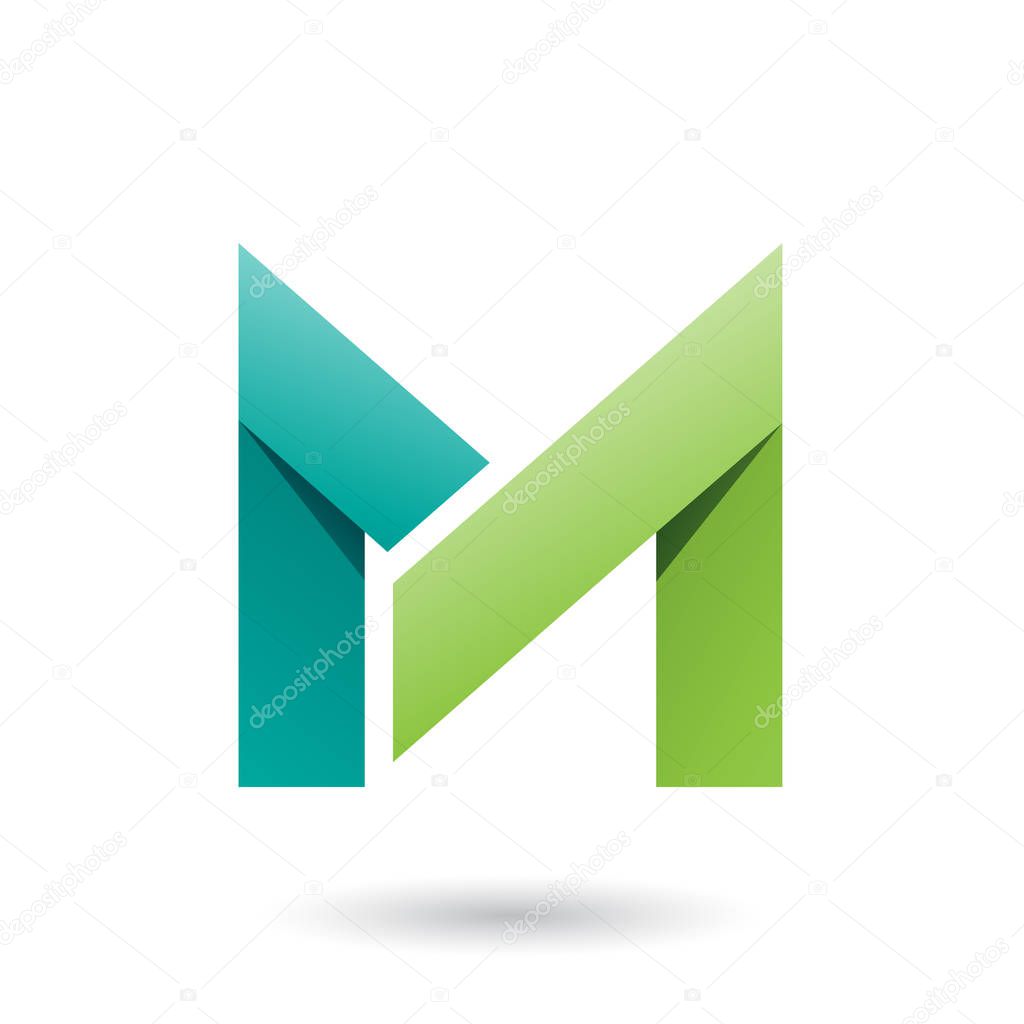 Vector Illustration of Dark and Light Green Folded Paper Letter M isolated on a White Background