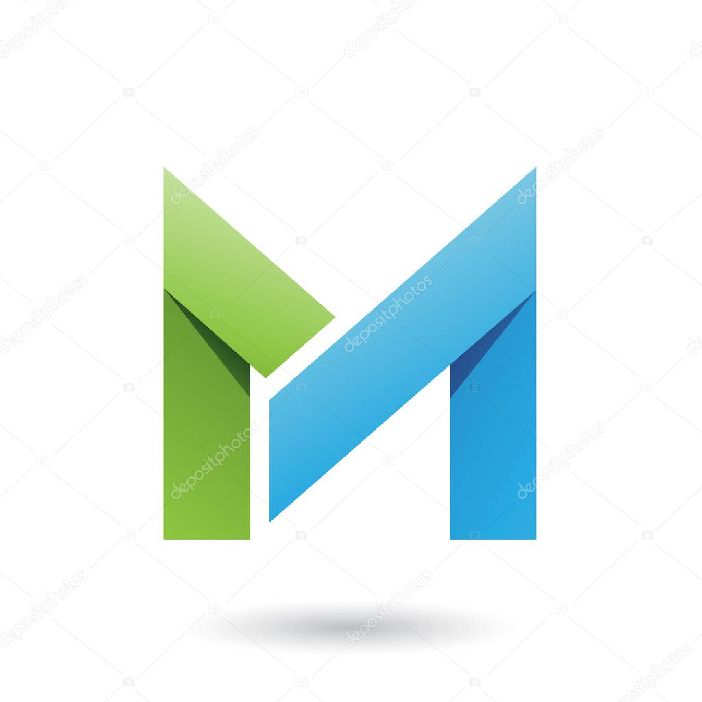 Vector Illustration of Green and Blue Folded Paper Letter M isolated on a White Background