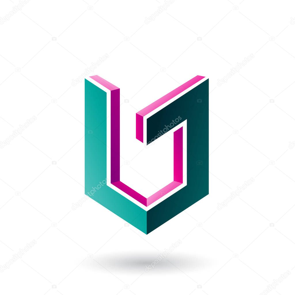 Vector Illustration of Magenta and Green Shield Like 3d Shape isolated on a White Background