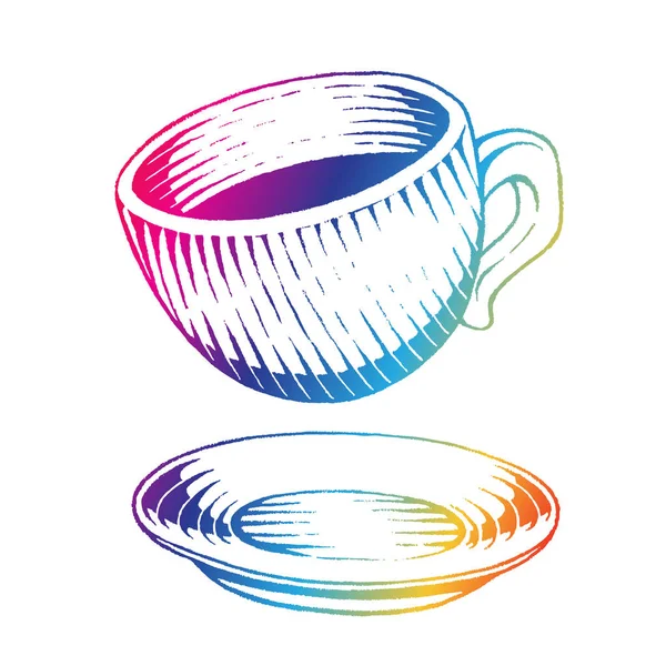 Ilustracja Rainbow Kolorowe Vectorized Atrament Szkic Filiżanki Kawy Białym Tle — Wektor stockowy