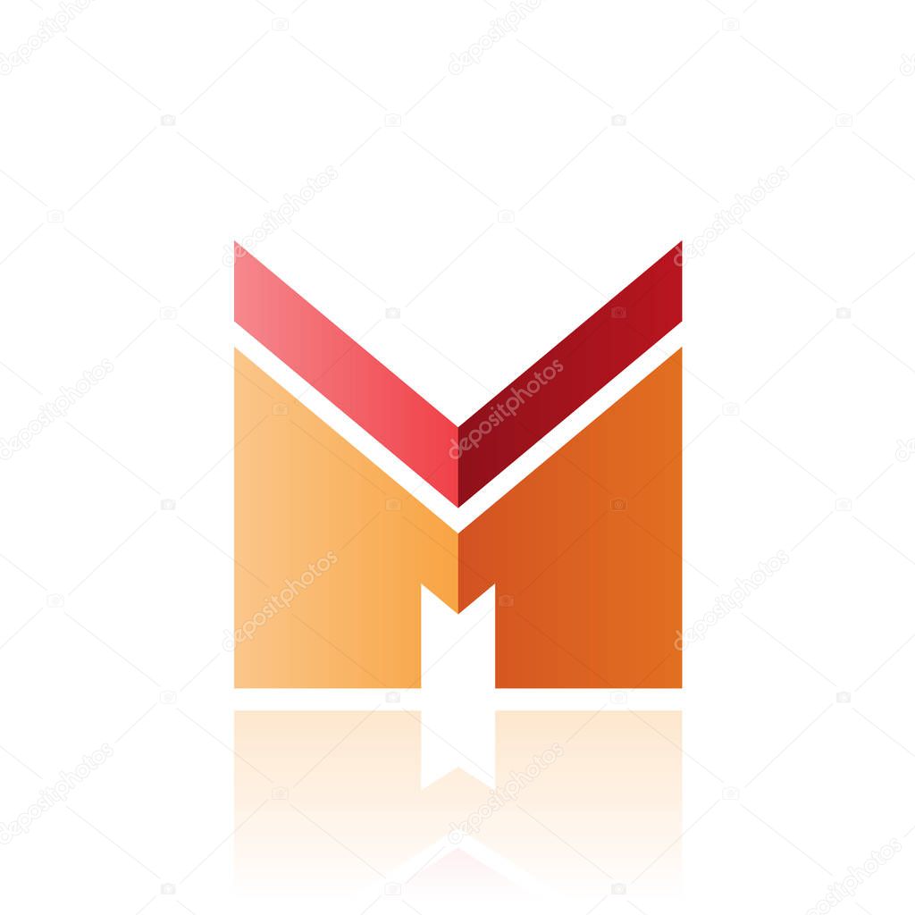 Vector Illustration of Red and Orange Letter M with a Thick Stripe and Reflection isolated on a White Background