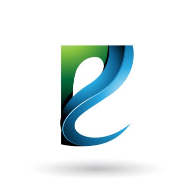 Vektör çizim yeşil ve mavi parlak Curvy kabartmalı bir beyaz arka plan üzerinde izole E harfi