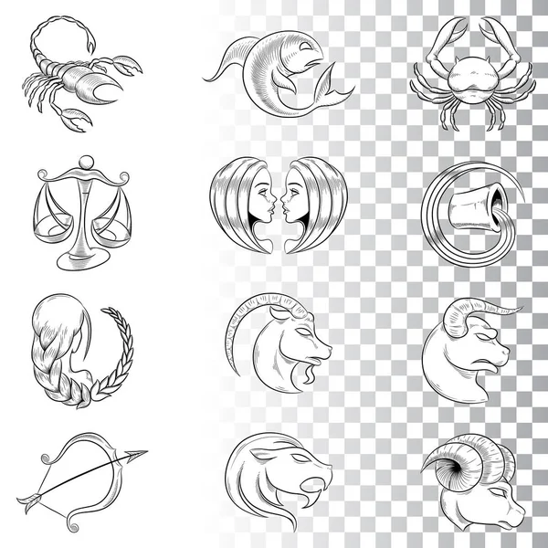 Ilustración Vectorial Signos Del Zodíaco Dibujados Mano Bocetos Aislados Sobre — Vector de stock