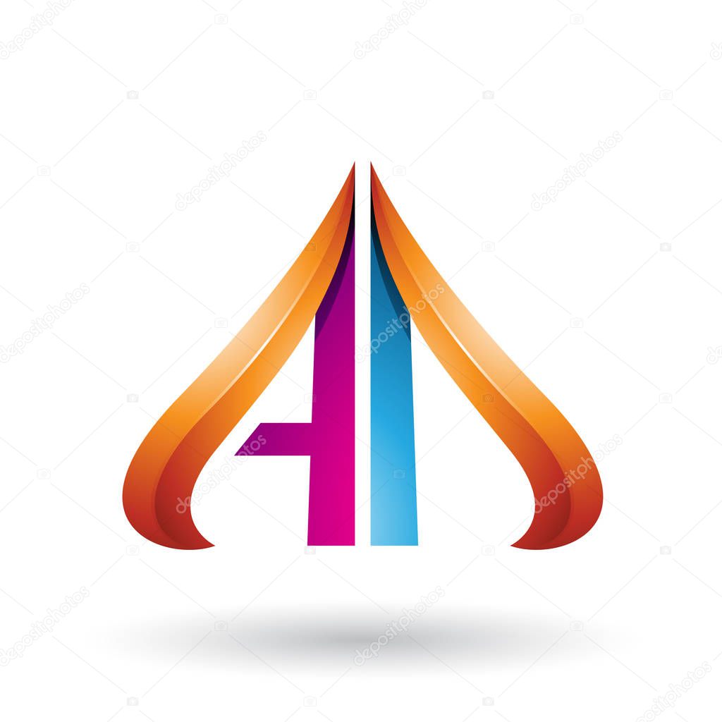 Vector Illustration of Orange and Blue Embossed Arrow-like Letters A and D isolated on a White Background