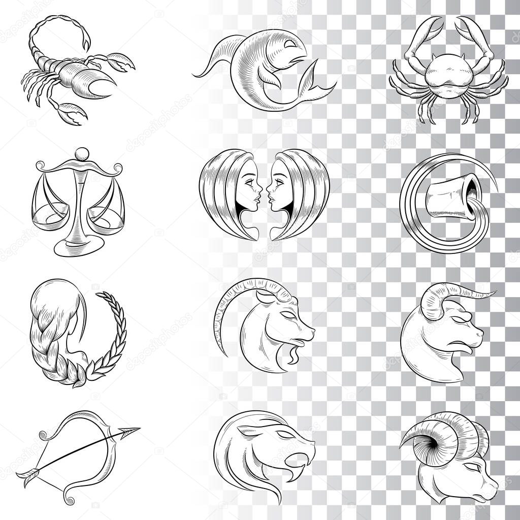 Vector Illustration of Hand Drawn Zodiac Signs Sketches isolated on a White Background