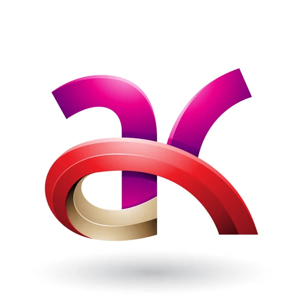 Vector Illustration of Magenta and Red 3d Bold Curvy Letter A and K isolated on a White Background