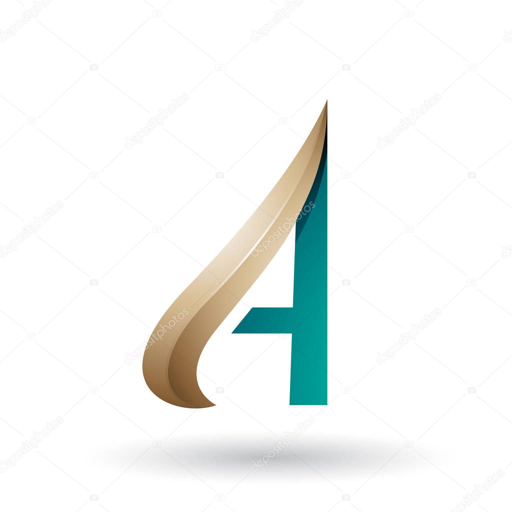 Vector Illustration of Beige and Green Embossed Arrow-like Letter A isolated on a White Background