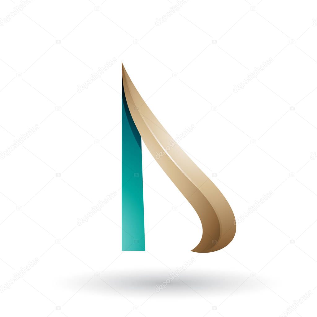 Vector Illustration of Beige and Green Embossed Arrow-like Letter D isolated on a White Background