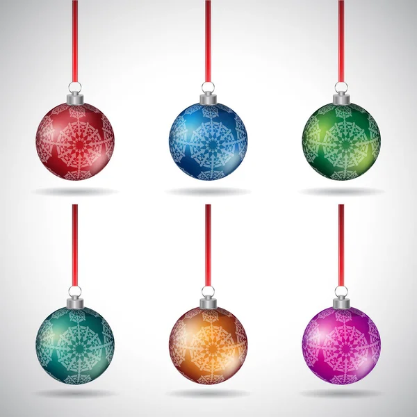 Vector Illustration Christmas Balls Ornamental Shapes Red Ribbon Isolated White — Stock Vector