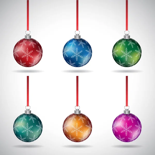 Vektor Illustration Von Weihnachtskugeln Mit Schneeflockenmuster Und Rotem Band Stil — Stockvektor