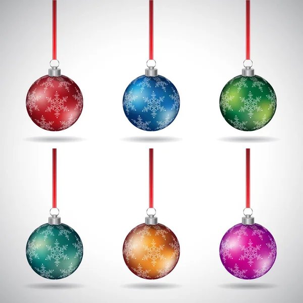 Illustration Vectorielle Boules Noël Avec Motif Flocon Neige Ruban Rouge — Image vectorielle