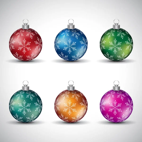 Vektor Illustration Von Bunten Glänzenden Weihnachtskugeln Mit Schneeflocken Design Stil — Stockvektor