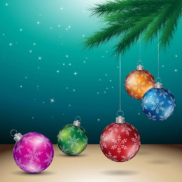 Vektor Illustration Von Dunkelgrünen Weihnachten Hintergrund Mit Glänzenden Bunten Kugeln — Stockvektor