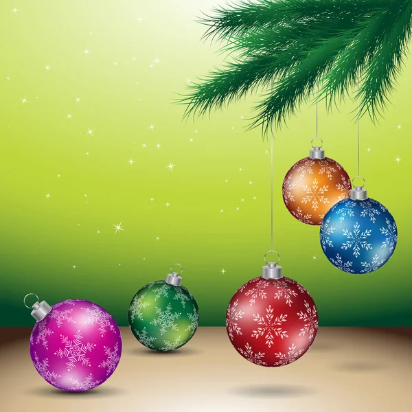 Vektor Illustration Von Grünen Weihnachten Hintergrund Mit Glänzenden Bunten Kugeln — Stockvektor