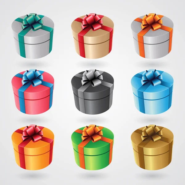 Ilustración Vectorial Cajas Regalo Redondas Con Cintas Brillantes Conjunto Aislado — Archivo Imágenes Vectoriales