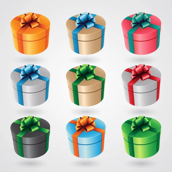 Vector Illustratie Van Ronde Geschenkdozen Met Glanzende Linten Set Geïsoleerd — Stockvector