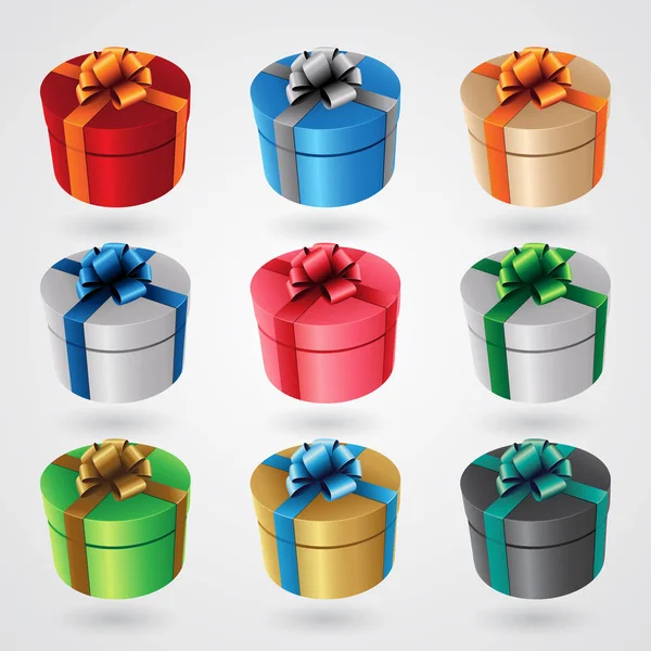 Ilustración Vectorial Cajas Regalo Redondas Con Cintas Brillantes Conjunto Aislado — Archivo Imágenes Vectoriales