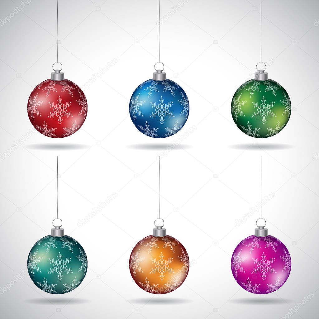 Vector Illustration of Christmas Balls with Snowflake Design and Silver String - Style 4 isolated on a White Background