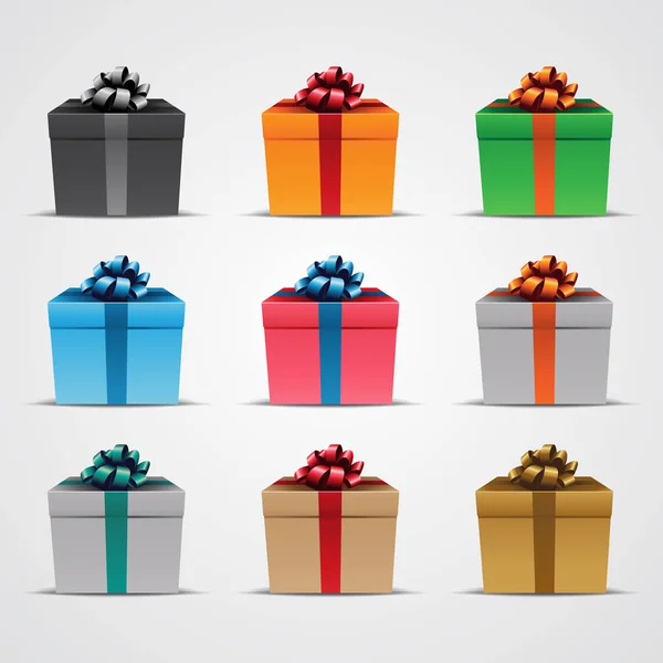 Vektor Illustration Von Quadratischen Geschenkboxen Mit Glänzenden Bändern Set Isoliert — Stockvektor
