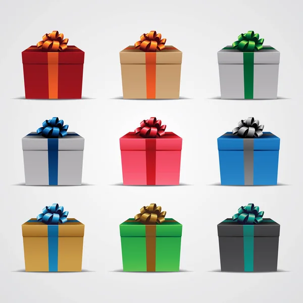 Vektor Illustration Von Quadratischen Geschenkboxen Mit Glänzenden Bändern Set Isoliert — Stockvektor