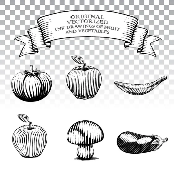 Dibujos de tinta de estilo rascador de frutas y verduras — Vector de stock