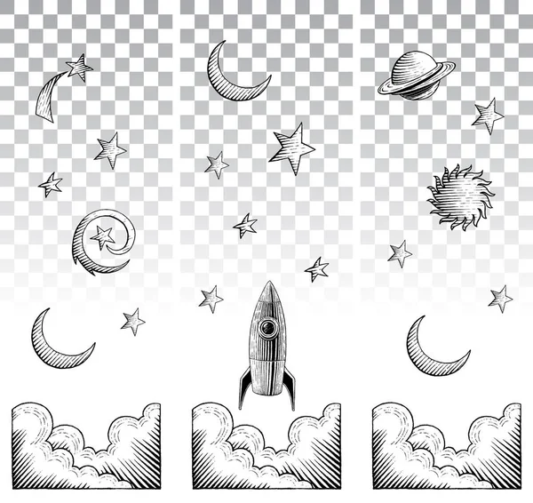 Scratchboard stil mürekkep çizimleri gökyüzü elemanları — Stok Vektör