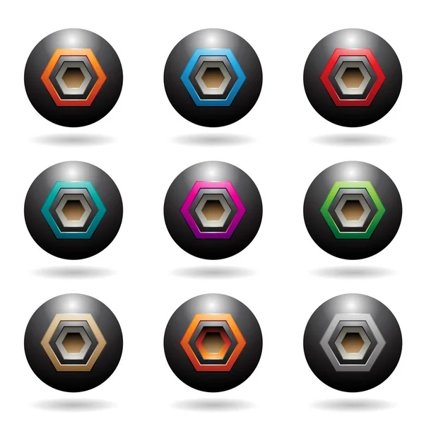 Iconos de altavoz de esfera en relieve negro con formas hexágono Vect — Vector de stock