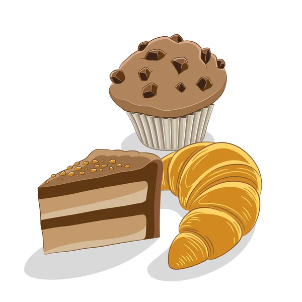 Gâteau au chocolat tasse de café et croissant petit déjeuner vecteur Illustr — Image vectorielle