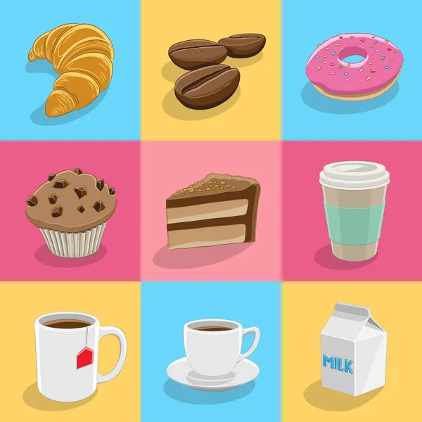 Icônes de café et petit déjeuner sur milieux colorés vecteur Illust — Image vectorielle