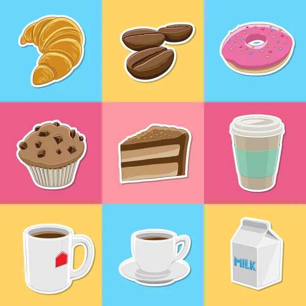 Sticker Café et Petit déjeuner Icônes sur milieux colorés Vecto — Image vectorielle