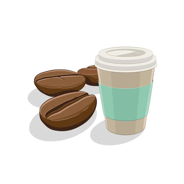 Granos de café y papel taza de café desayuno Vector ilustración — Vector de stock