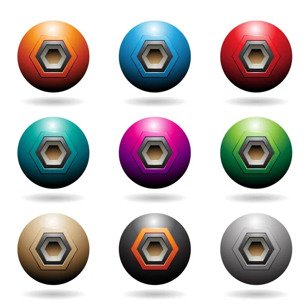 Ícones coloridos do altifalante da esfera em relevo com formas V do hexágono —  Vetores de Stock