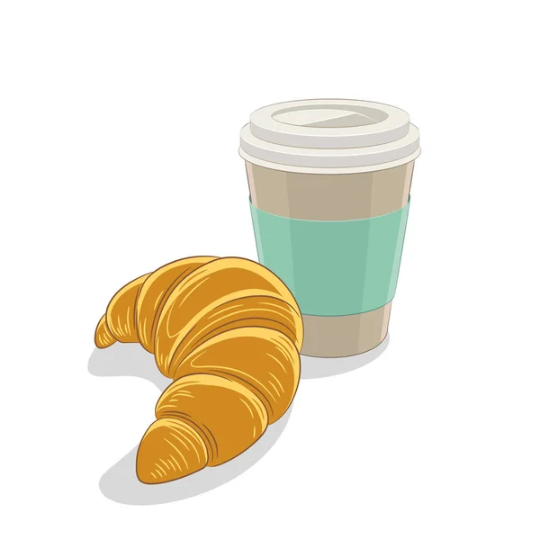 Croissant y papel taza de café desayuno Vector ilustración — Vector de stock