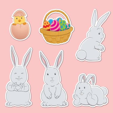 Paskalya Bunnies Yumurta Sepeti ve Chick Vektör Illust Çıkartmalar