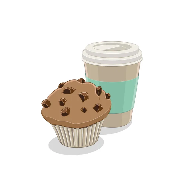 Muffin and Paper Coffee Cup Pequeno-almoço Vector Ilustração — Vetor de Stock