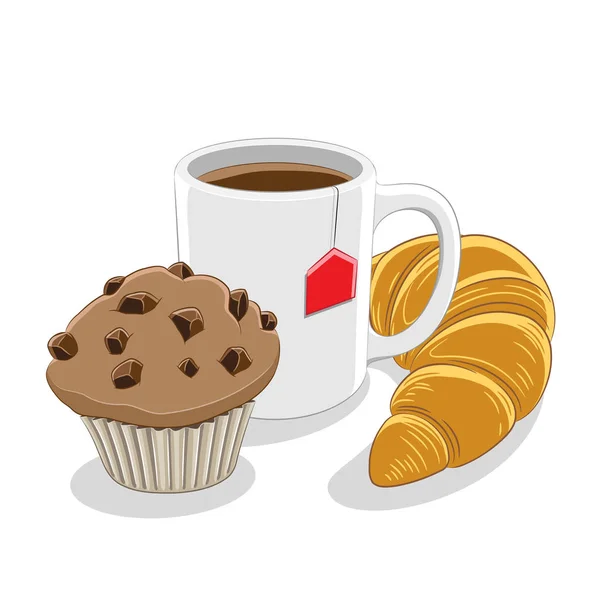 Muffin-Kaffeebecher und Croissant-Frühstücksvektorillustration — Stockvektor