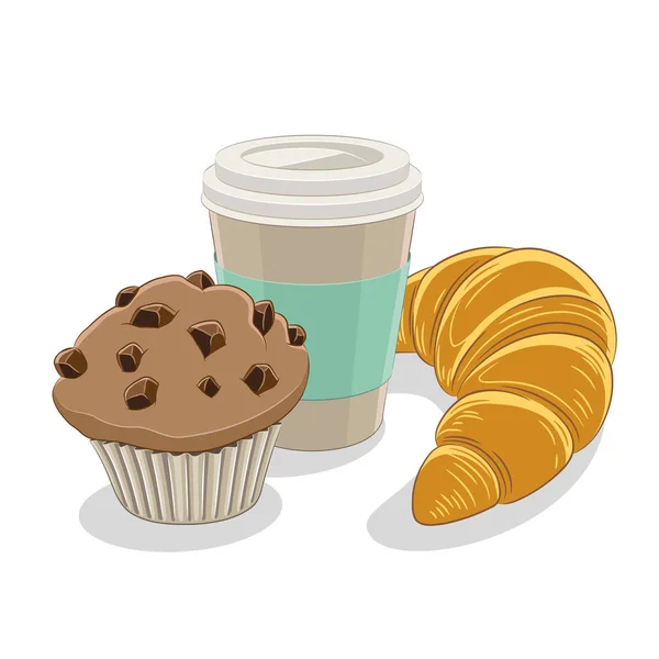 Muffin Croissant y papel taza de café Vector ilustración — Vector de stock