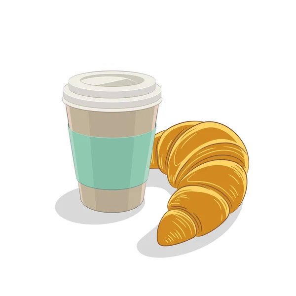 Papír kávé kupa és croissant reggeli Vector illusztráció — Stock Vector