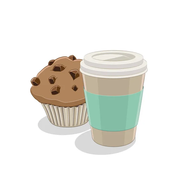 Papier Kaffeetasse und Muffin Frühstück Vektor Illustration — Stockvektor